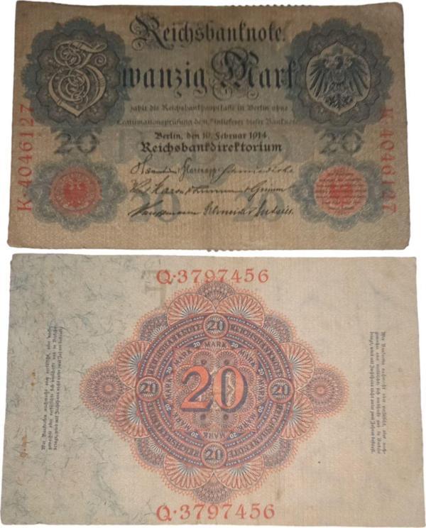 Edi Antik Almanya 20 Mark 1914 Eski Koleksiyon Yabancı Kağıt Para. - Image 1
