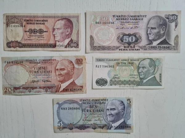 Edi Antik 5 Adet Eski Dönem Yerli Banknot Para. 5 10 20 50 Ve 100 Türk Lirası - Image 1