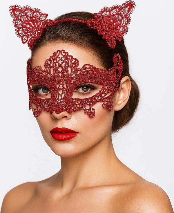 Romantik Kırmızı Dantel Maske Seti – Kedi Kulaklı Taç Ve Maske 3 No - Image 1