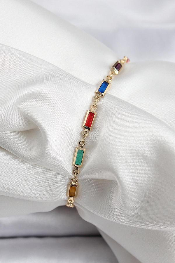 Pirinç Gold Renk Karışık Renkli Kare Zirkon Taşlı Kadın Bileklik SL12325 - Image 1