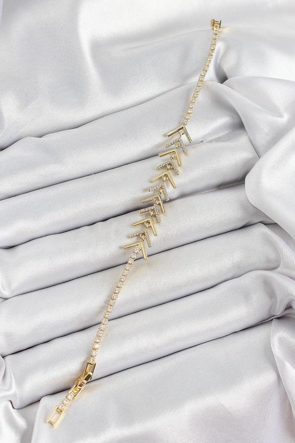 Pirinç Gold Renk Zirkon Taşlı Balık Sırtı Kadın Bileklik SL12298 - Image 1