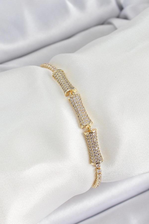 Pirinç Gold Renk Zirkon Taşlı Kemik Model Kadın Bileklik SL12299 - Image 1