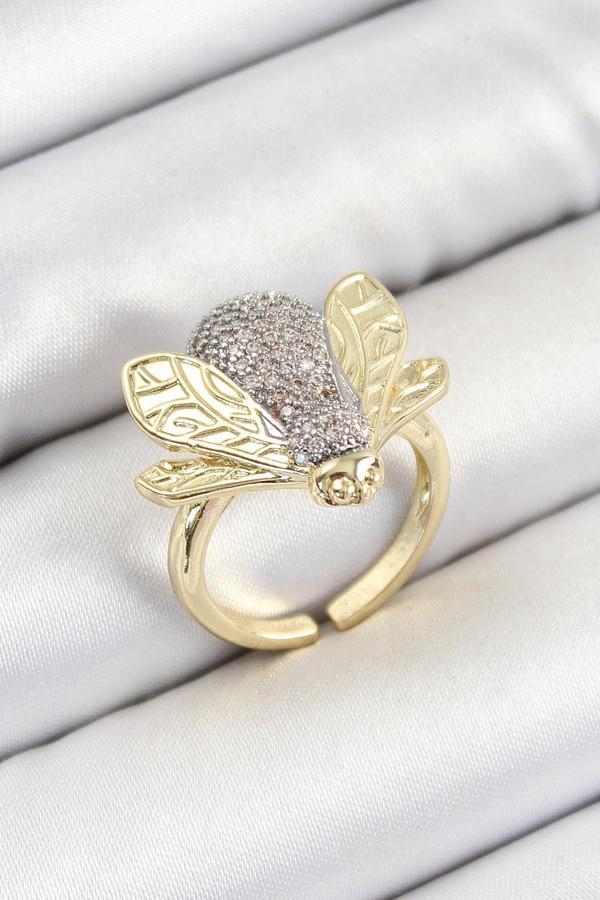 Pirinç Zirkon Taşlı Arı Model Gümüş Ve Gold Renk Kadın Yüzük SL12552 - Image 1