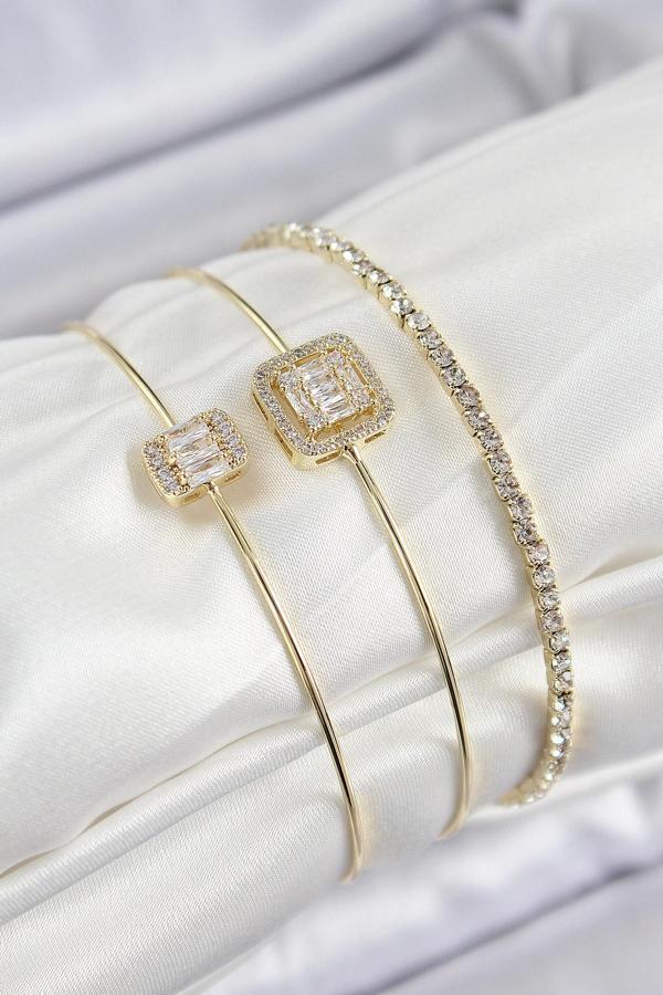 Pirinç Zirkon Taşlı Baget Model Gold Renk Vip 3'lü Kadın Bileklik - Image 1