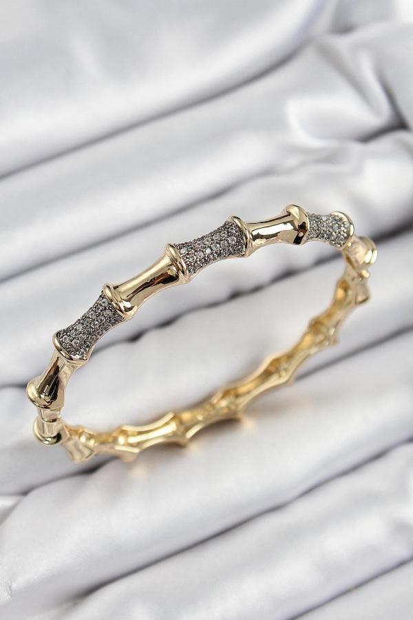 Pirinç Zirkon Taşlı Kemik Model Gold Renk Vip Kadın Bileklik - Image 1