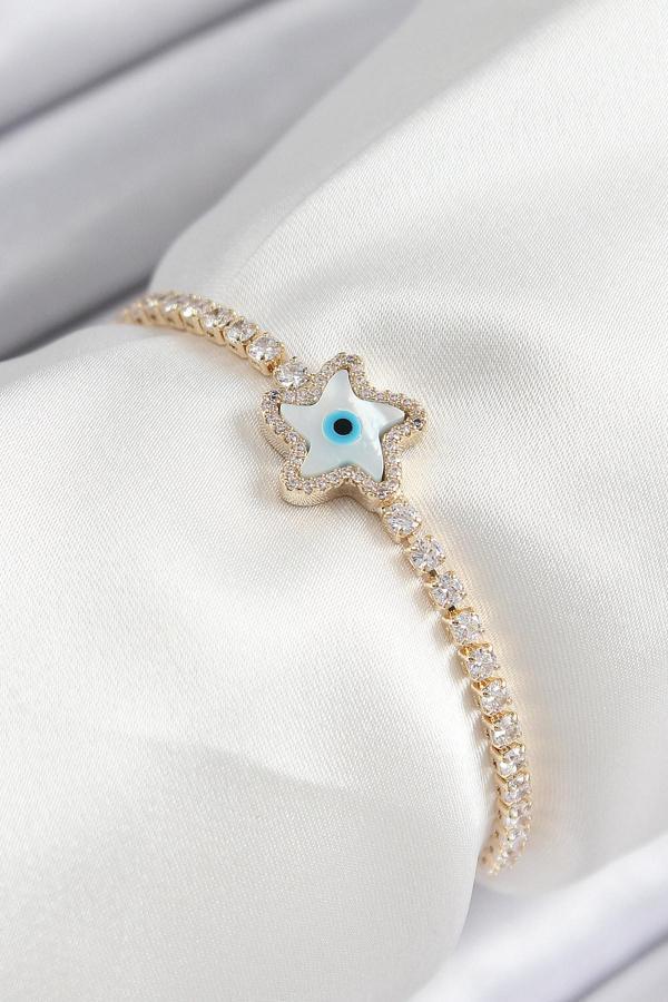 Pirinç Zirkon Taşlı Nazar Yıldız Model Gold Renk Asansörlü Kadın Bileklik - Image 1
