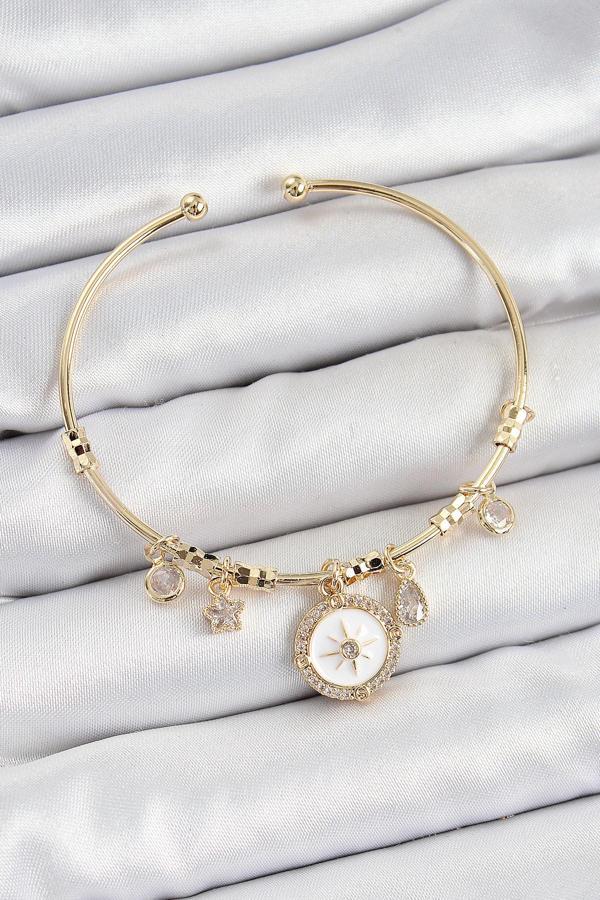 Pirinç Zirkon Taşlı Pusula Model Gold Renk Charm Bileklik - Image 1