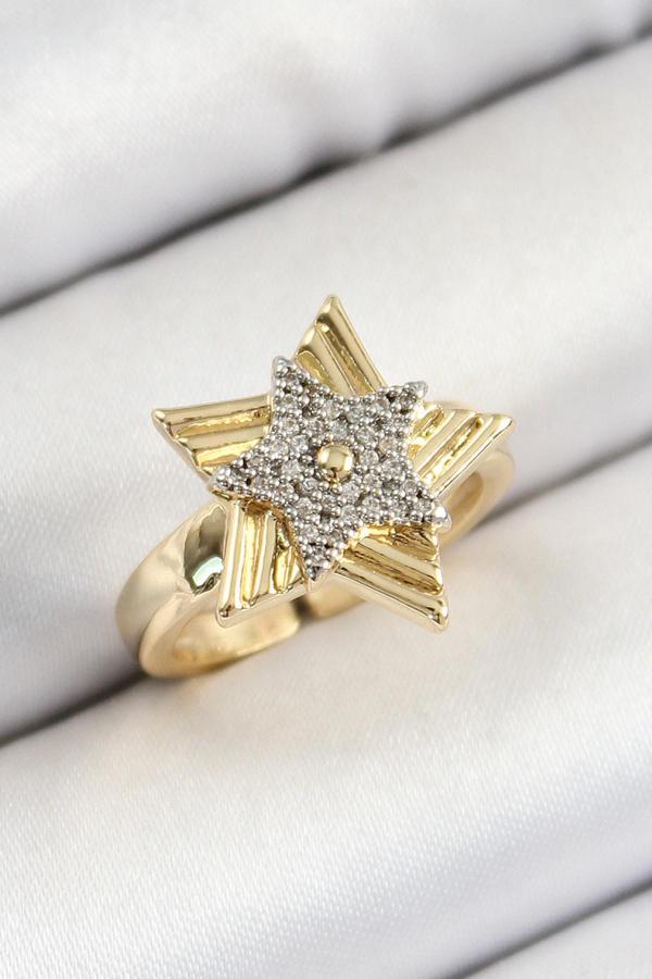 Pirinç Zirkon Taşlı Yıldız Model Gold Ve Gümüş Renk Kadın Yüzük SL12554 - Image 1