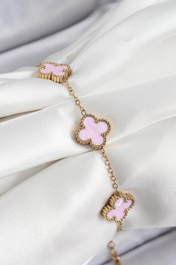 316L Çelik Pembe Sedef Yonca Model Gold Renk Kadın Bileklik - Image 1