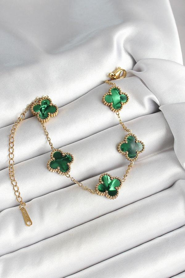 316L Çelik Sedefli Zümrüt Yeşil Gold Renk Yonca Kadın Bileklik SL11982 - Image 1