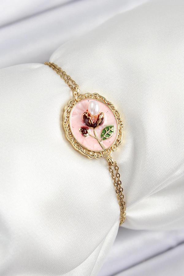 316L Çelik Zincir Pembe Mineli Sanatsal Portre İnci Detaylı Lale Model Gold Renk Kadın Bileklik SL12541 - Image 1