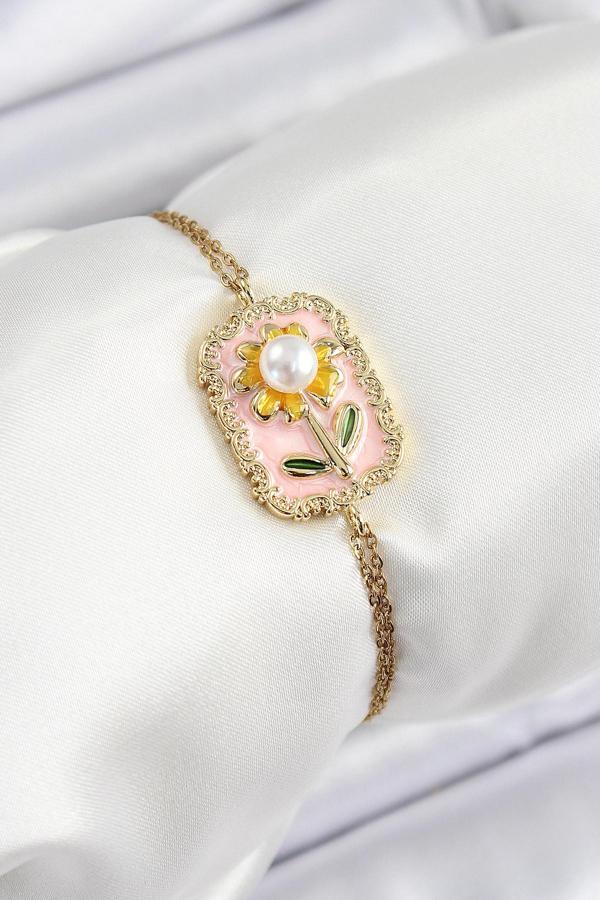 316L Çelik Zincir Pembe Mineli Sanatsal Portre İnci Detaylı Papatya Model Gold Renk Kadın Bileklik SL12536 - Image 1