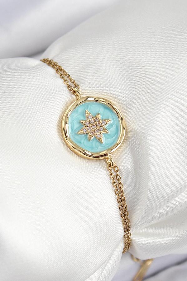316L Çelik Zincir Turkuaz Mineli Sanatsal Portre Kuzey Yıldızı Model Gold Renk Kadın Bileklik SL12545 - Image 1
