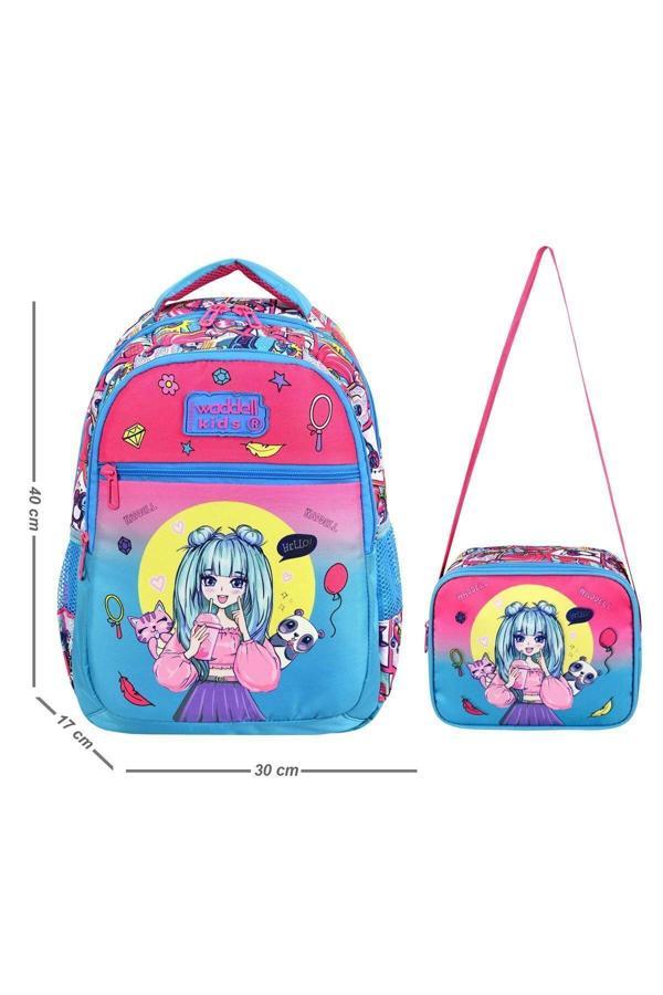 Waddell Lisanslı Pembe-Turkuaz Anime Kız Desenli Kız Çocuk Ilkokul Sırt Çantası Ve Beslenme Çantası - Image 1