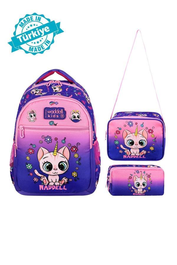 Waddell Lisanslı Mor-Pembe Kedi Desenli Kız Çocuk Okul Sırt Çantası,Beslenme Çantası Ve Kalemlik - Image 1