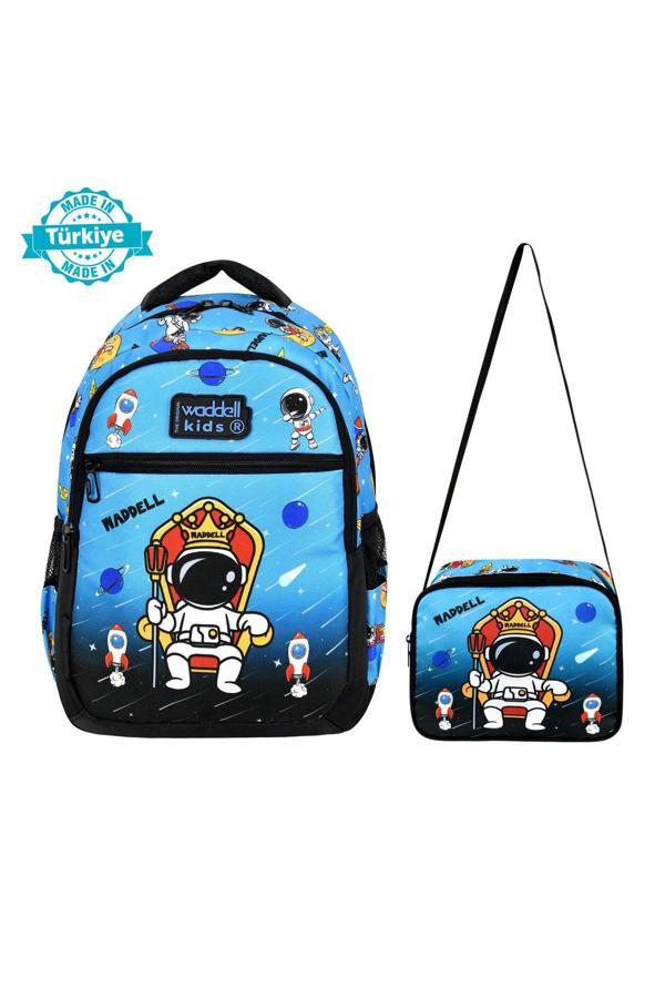 Niss Store Mavi Astronot Desenli Erkek İlkokul Sırt Çantası Ve Beslenme Çantası - Image 1