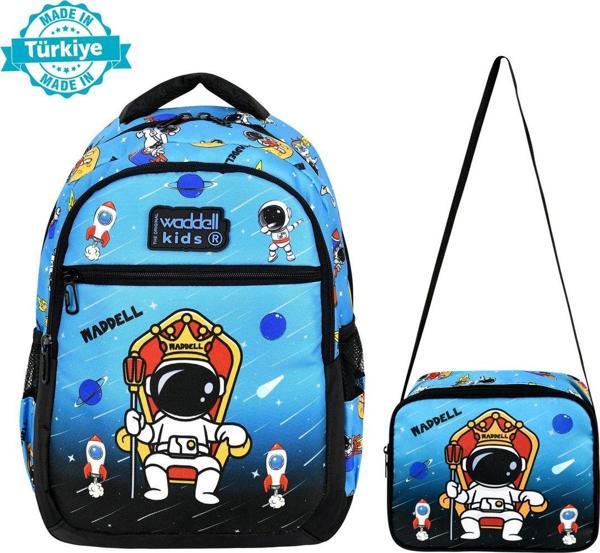 Niss Store Mavi Astronot Desenli Erkek İlkokul Sırt Çantası Ve Beslenme Çantası - Image 1