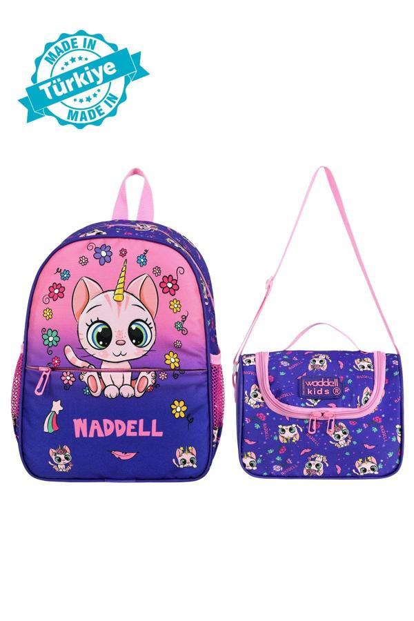 Niss Store Waddell Mor Kedi Desenli Lisanslı Kombin Anaokulu Sırt Çantası Ve Termal Beslenme Çantası - Image 1