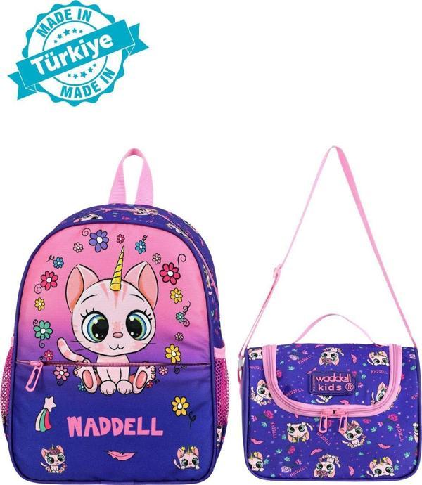 Niss Store Waddell Mor Kedi Desenli Lisanslı Kombin Anaokulu Sırt Çantası Ve Termal Beslenme Çantası - Image 1