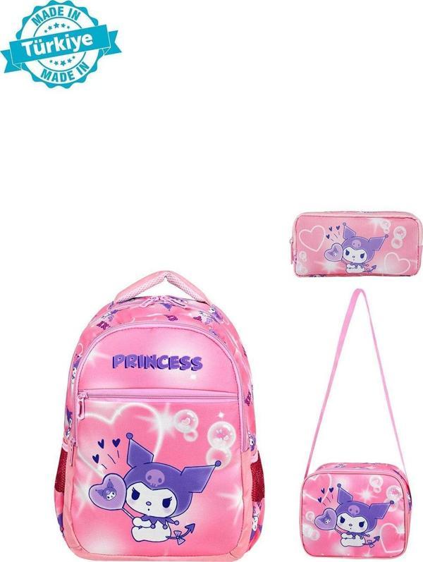 Niss Store Desenli Kuromi Melody Temalı Koral İlkokul Çantası Ve Beslenme Çantası,2 Cepli Kalemlik - Image 1