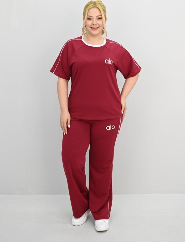 Kadın Büyük Beden Kısa Kollu Nakış İşleme Detaylı Bol Paça Eşofman Takımı 8191-25 - Image 1