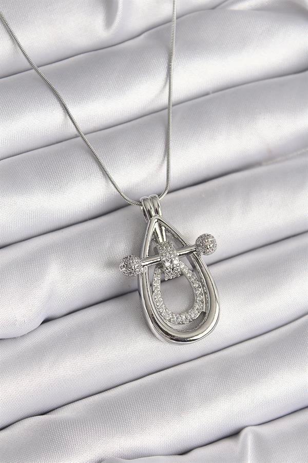 316L Çelik Gümüş Renk Zirkon Taşlı Damla Model Kadın Kolye - Image 1