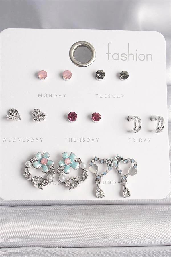 Pirinç Gümüş Renk Renkli Zirkon Taşlı Daire Çiçek Figür Sallantı Kalp Detay 7 Çift Kadın Küpe Seti - Image 1