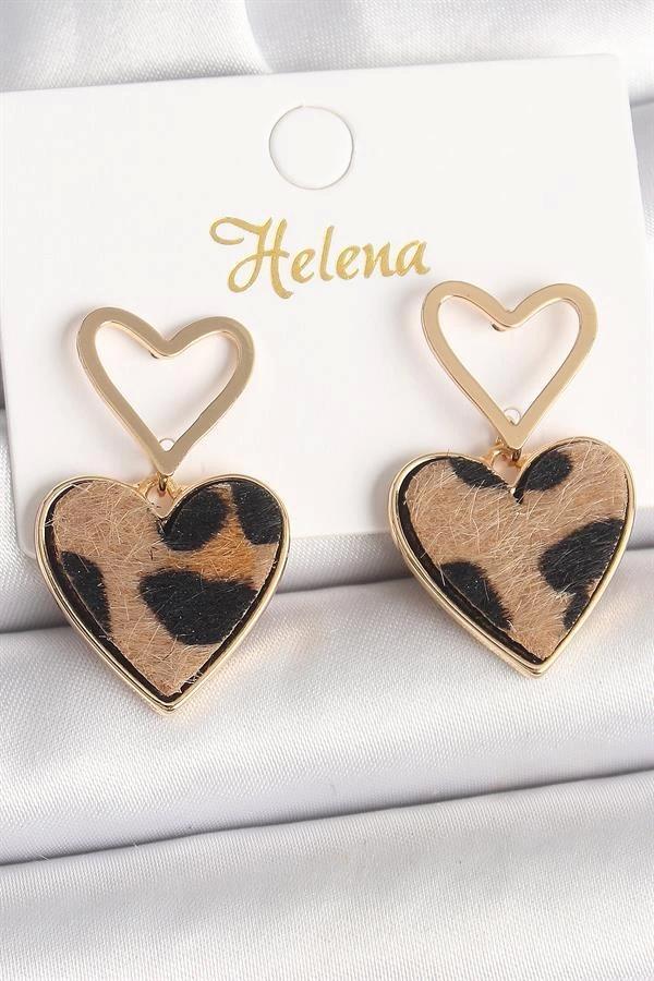 Pirinç Gold Renk Sallantı Leopar Kalp Model Kadın Küpe - Image 1