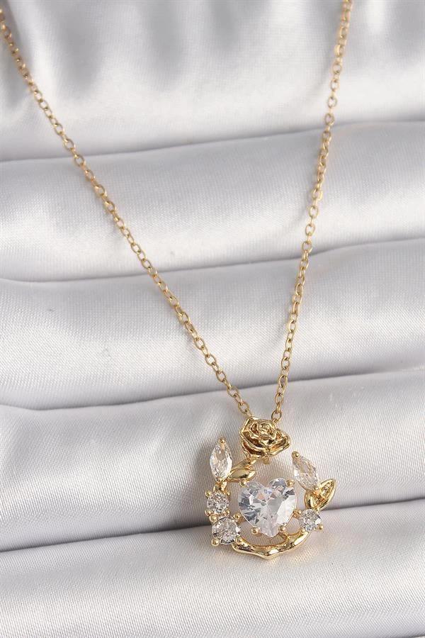 316L Çelik Gold Renk Zincir Zirkon Taşlı Kalp Model Gül Detay Kadın Kolye - Image 1