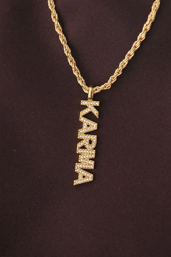 Altın Renk Zirkon Taşlı Karma Yazılı Kolye - Image 1