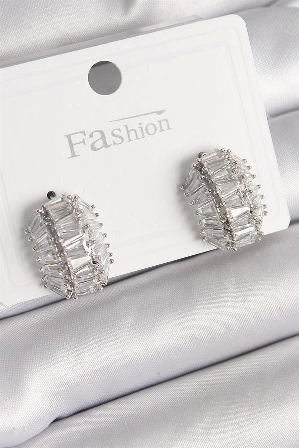 Pirinç Gümüş Renk Zirkon Taşlı Kaplumbağa Kabuğu Model Kadın Küpe - Image 1