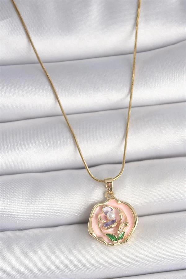 316L Çelik Gold Renk Zincir Pembe Renkli Çiçek İşlemeli İnci Detay Portre Model Kadın Kolye - Image 1