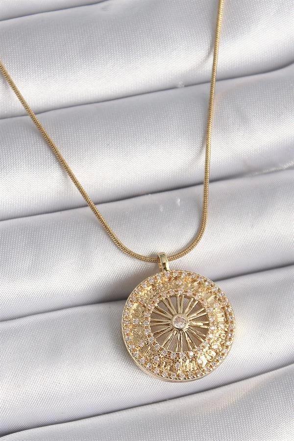 316L Çelik Gold Renk Zirkon Taşlı 12 Burç Madalyon Model Kadın Kolye - Image 1