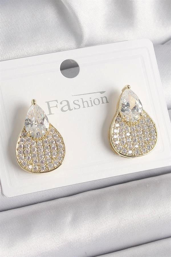 Pirinç Gold Renk Zirkon Taşlı Damla Model Kadın Küpe - Image 1