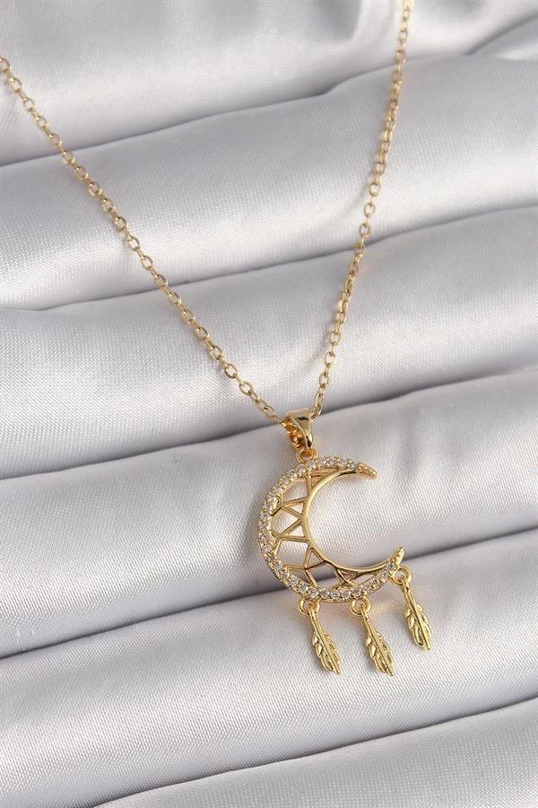 316L Çelik Gold Renk Zincir Zirkon Taşlı Hilal Model Sallantı Yaprak Detay Kadın Kolye - Image 1