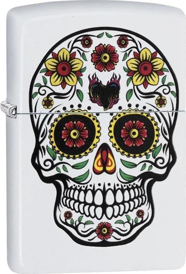 Zippo White Sugar Skull Flowers Dizayn Çakmak - Image 1