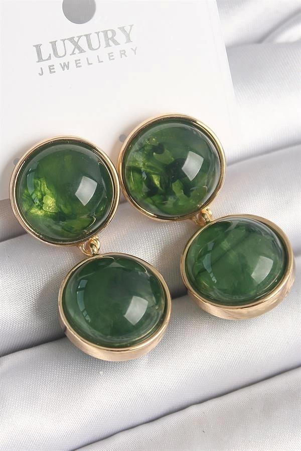 Pirinç Gold Renk Sallantı Yeşil Mineli Daire Model Kadın Küpe - Image 1