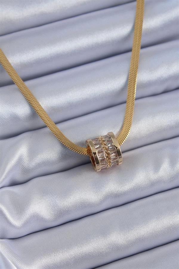 316L Çelik Gold Renk İtalyan Zincir Model Zirkon Taşlı Kadın Kolye - Image 1