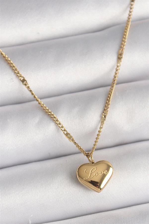 316L Çelik Gold Renk Zincir Love İşlemeli Kalp Figür Kadın Kolye - Image 1
