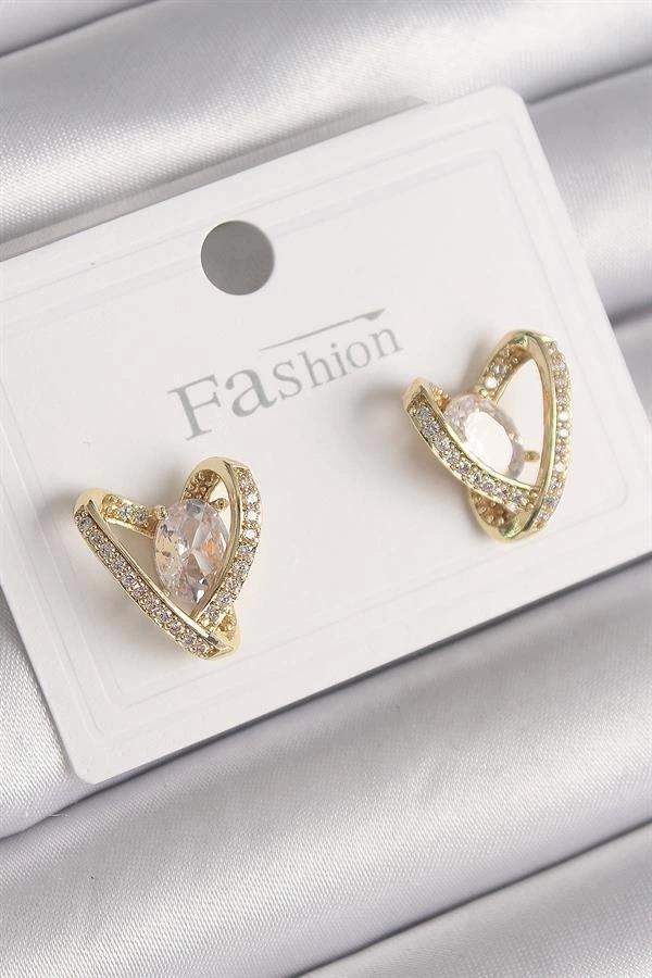Pirinç Gold Renk Zirkon Taşlı Kalp Model Kadın Küpe - Image 1
