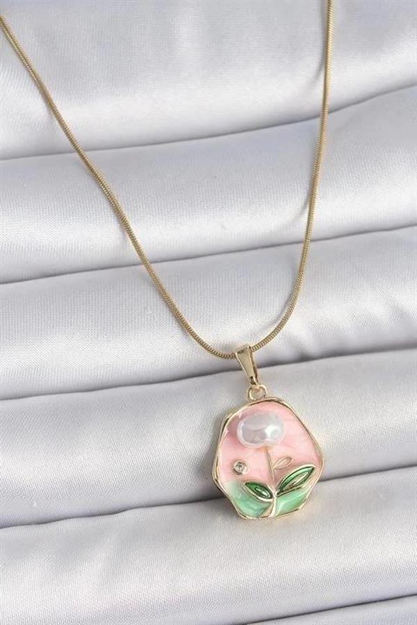 316L Çelik Gold Renk Zincir Pembe Çiçek İşlemeli İnci Detay Portre Model Kadın Kolye - Image 1