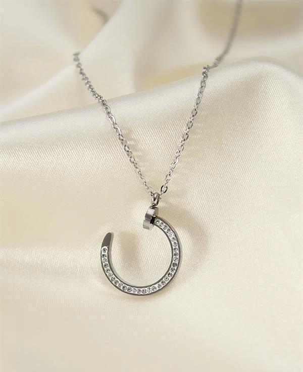 Çelik Silver Renk Zirkon Taşlı Çivi Model Kadın Kolye - Image 1