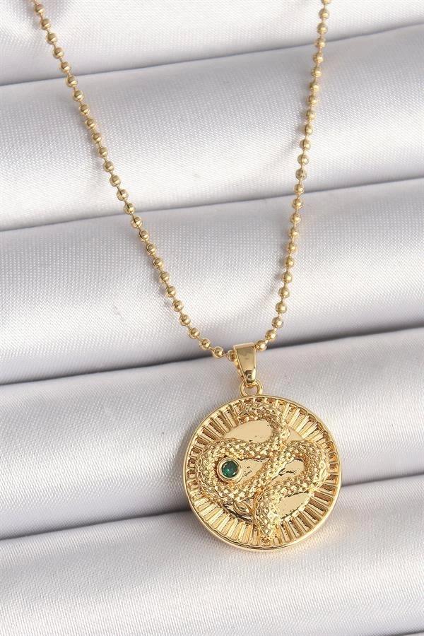 316L Çelik Gold Renk Topçuk Zincir Yılan İşlemeli Zirkon Taş Detaylı Madalyon Model Kadın Kolye - Image 1