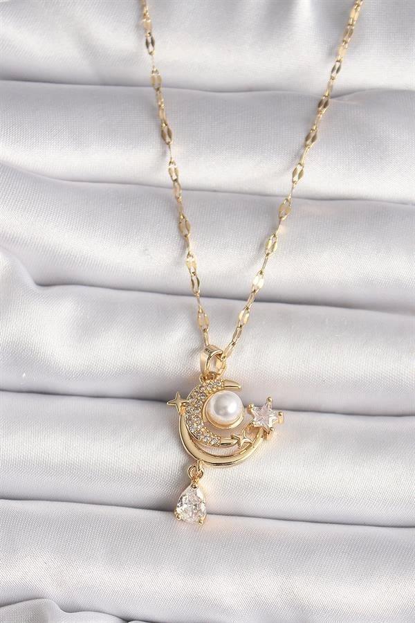 316L Gold Renk Zirkon Taşlı Ay Yıldız Model Sallantı Detay Kadın Kolye - Image 1