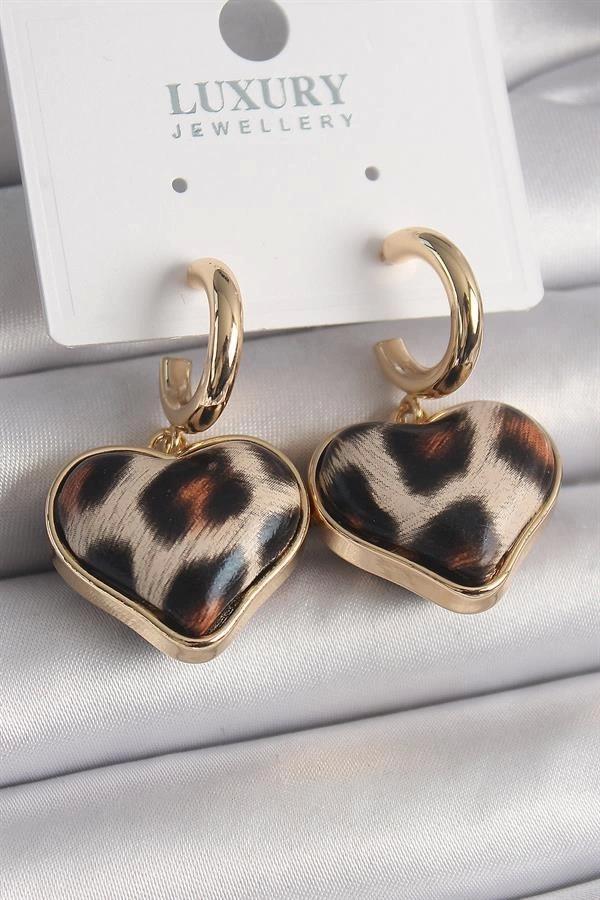 Pirinç Gold Renk 3D Kalp Leopar Model Kadın Küpe - Image 1
