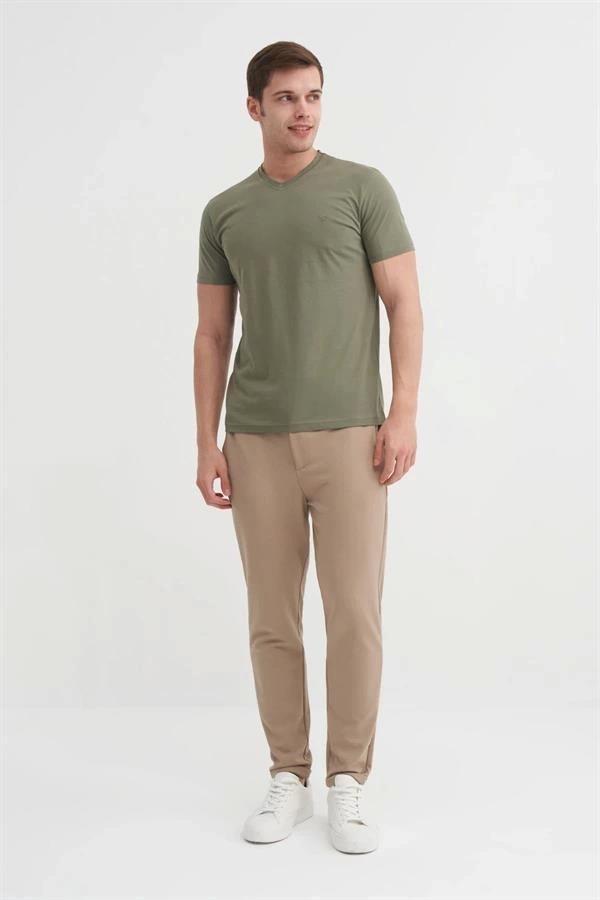 4624 Basıc V Yaka Erkek T-Shirt Haki - Image 1
