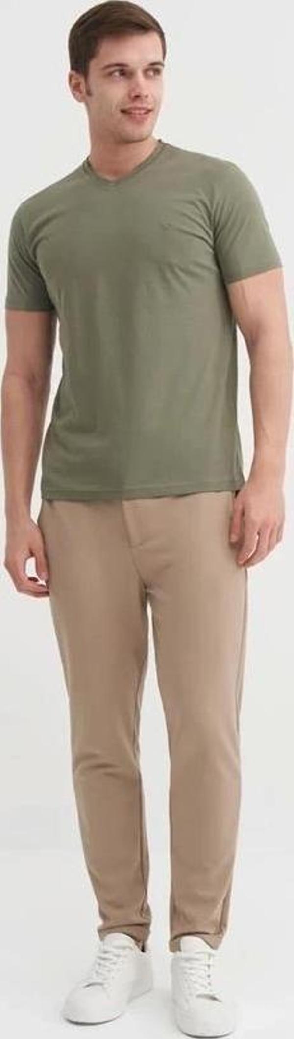 4624 Basıc V Yaka Erkek T-Shirt Haki - Image 1
