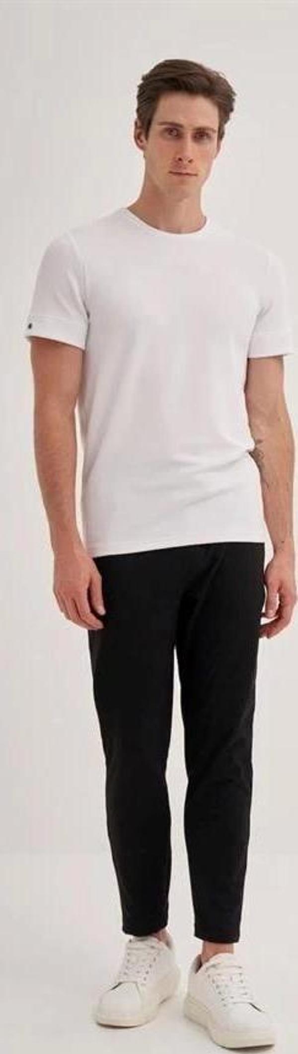 4202 Likralı Basıc Bisiklet Yaka Erkek T-Shirt Beyaz - Image 1