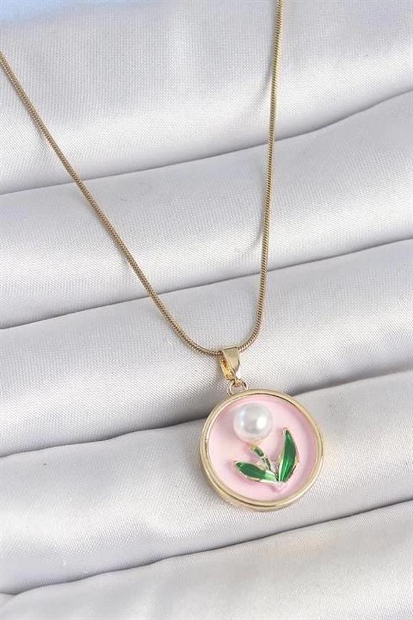 316L Çelik Gold Renk Zincir Pembe Mineli İncili Çiçek İşlemeli Portre Model Kadın Kolye - Image 1
