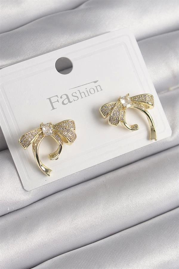 Pirinç Gold Renk Zirkon Taşlı Fiyonk Model Kadın Küpe - Image 1